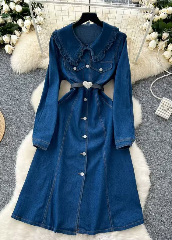 French Blue Original Design Button Denim Shirts Dress Fall