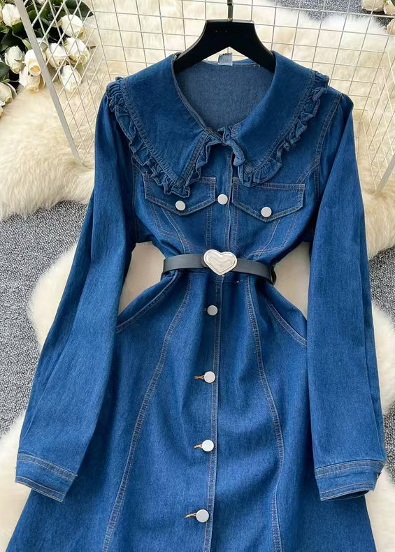 French Blue Original Design Button Denim Shirts Dress Fall