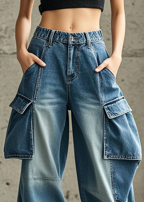 French Blue Oversized Pockets Denim Harem Pants Trousers Fall