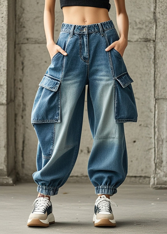 French Blue Oversized Pockets Denim Harem Pants Trousers Fall