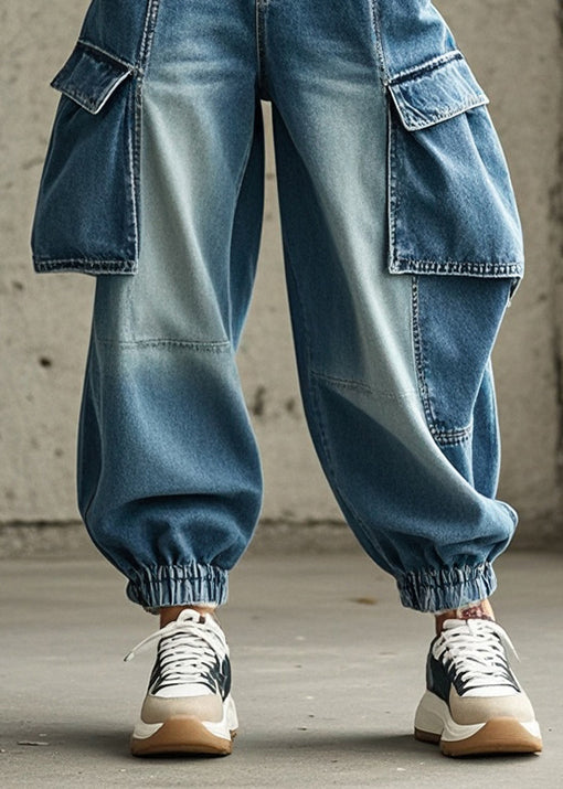 French Blue Oversized Pockets Denim Harem Pants Trousers Fall