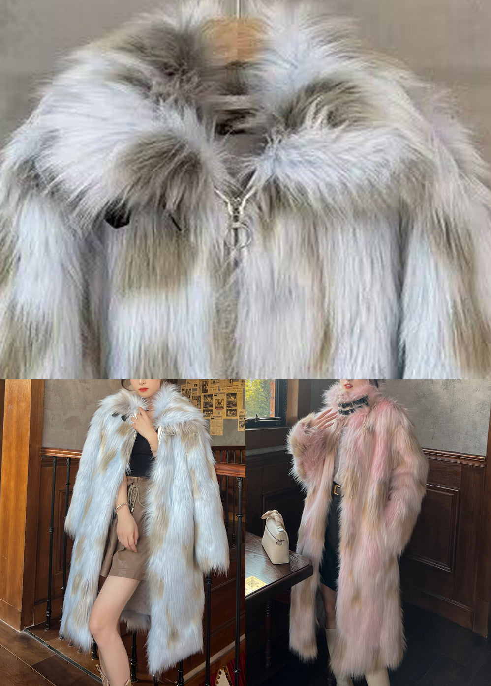 French Blue Pockets Leather And Fur Maxi Coats Winter