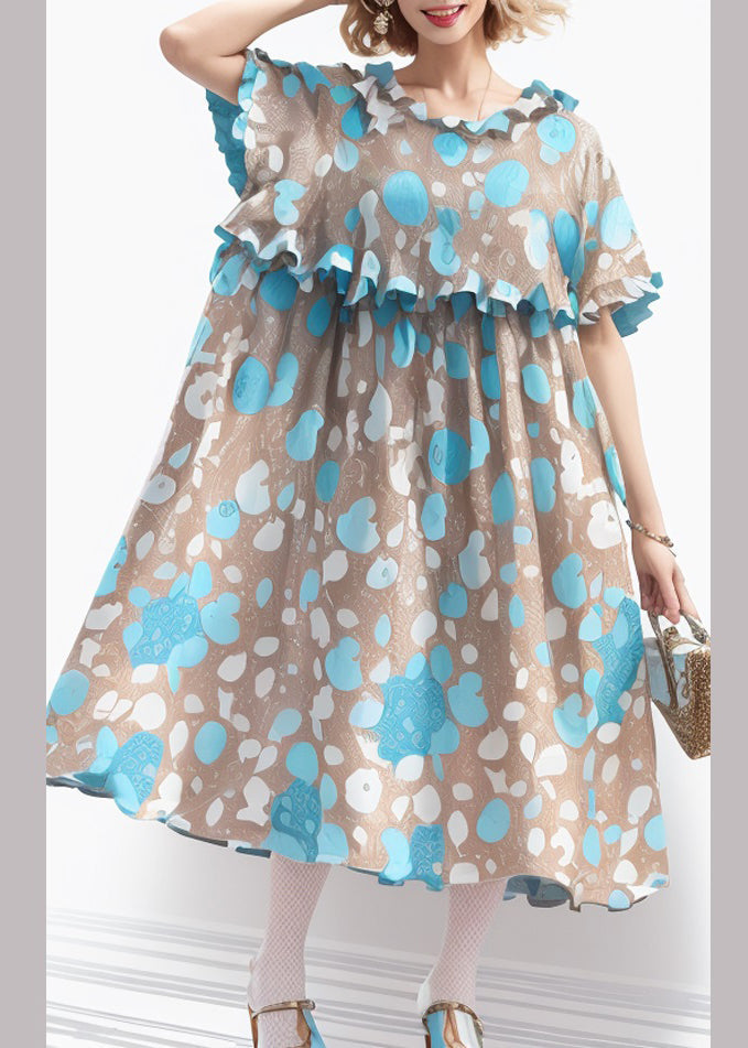 French Blue Ruffled Print Cotton Long Dresses Short Sleeve