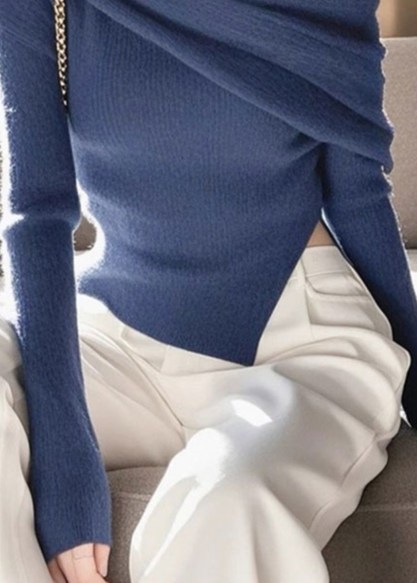 French Blue Slash Neck Asymmetrical Knit Sweaters Spring