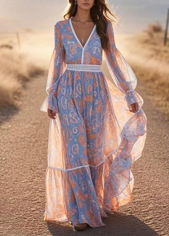 French Blue V Neck Print Chiffon Long Dress Lantern Sleeve