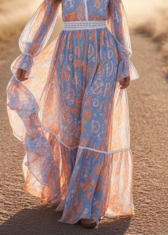 French Blue V Neck Print Chiffon Long Dress Lantern Sleeve