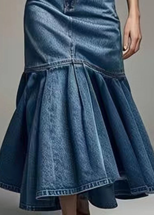 French Blue Wrinkled High Waist Denim Fishtail Skirt Summer