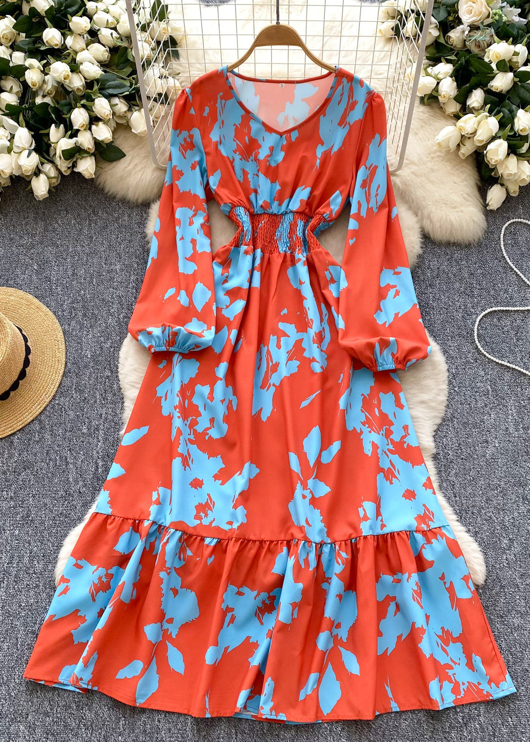 French Brick Red Elastic Waist Print Silk Maxi Dresses Spring