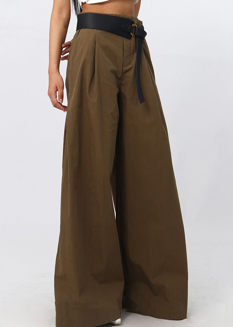 French Brown High Waist Patchwork Cotton Wide Leg Pants Spring