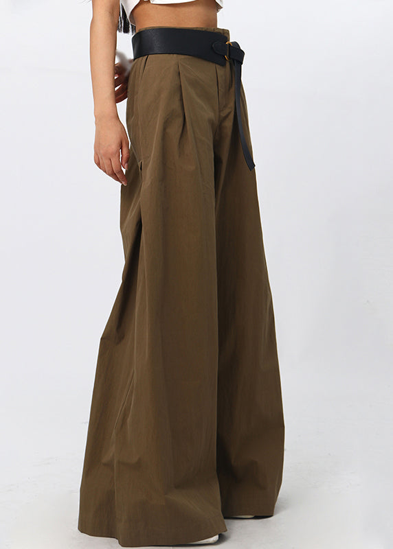 French Brown High Waist Patchwork Cotton Wide Leg Pants Spring