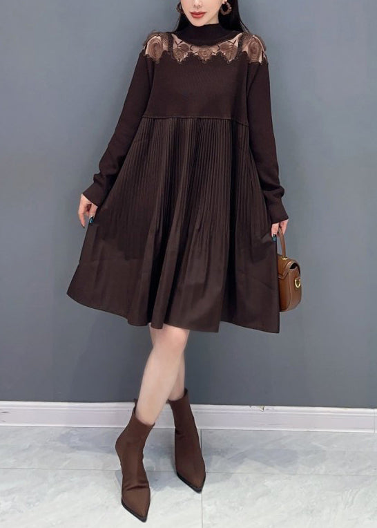 French Brown Hollow Out Wrinkled Knit Dresses Long Sleeve