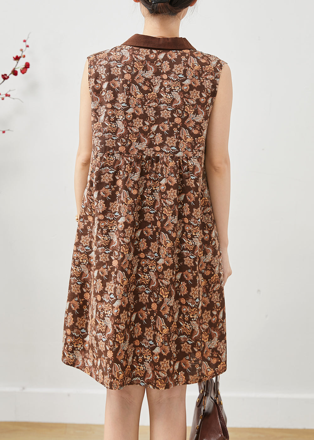 French Brown Peter Pan Collar Print Linen Mini Dress Sleeveless