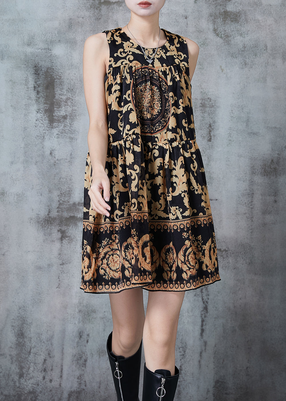 French Brown Print Chiffon Tea Dress Sleeveless