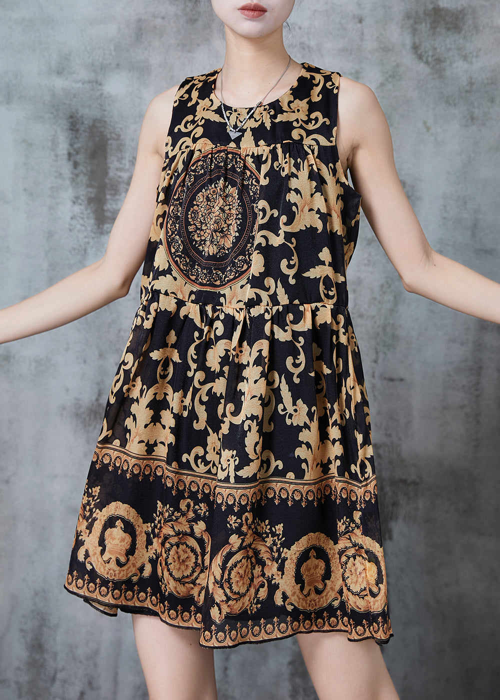 French Brown Print Chiffon Tea Dress Sleeveless