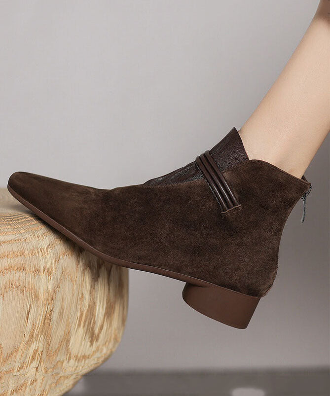 French Brown Suede Splicing Ankle Boots Pointed Toe