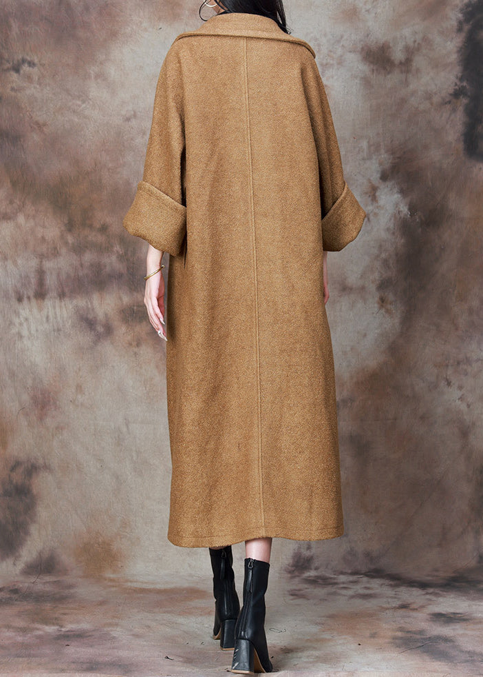 French Camel Notched Button Woolen Long Coat Winter