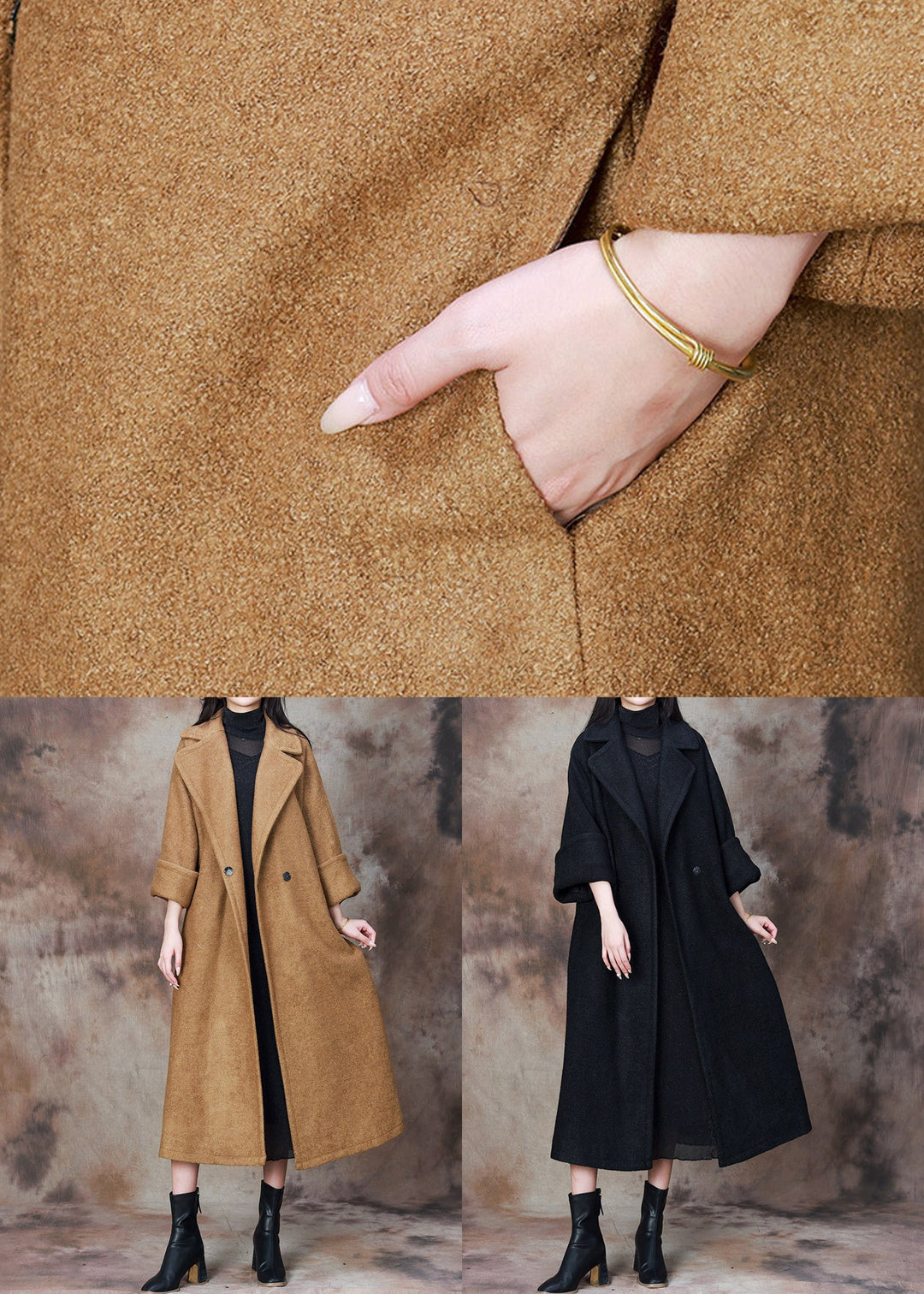 French Camel Notched Button Woolen Long Coat Winter