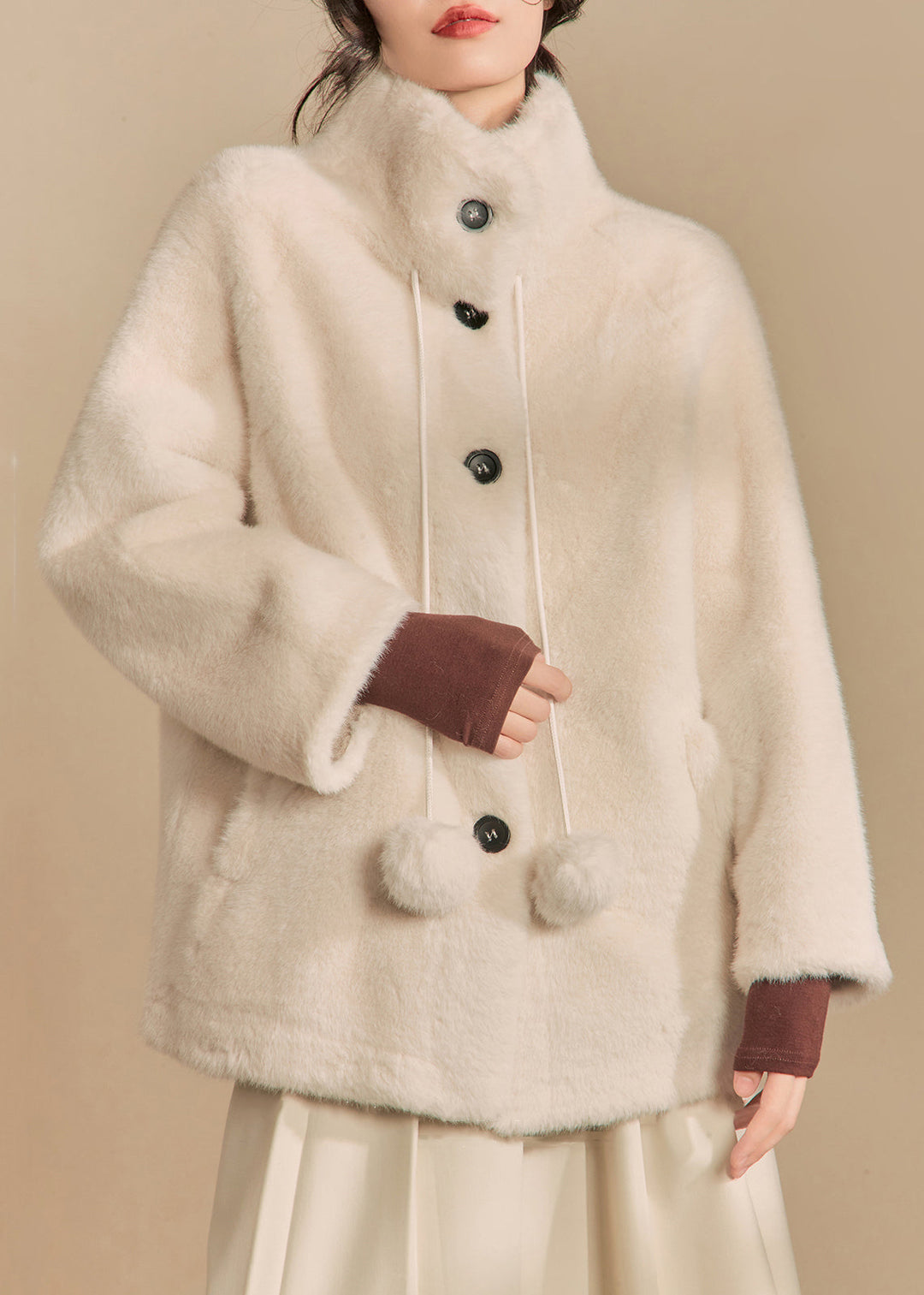 French Coffee Button Lace Up Pockets Fluffy Coats Winter