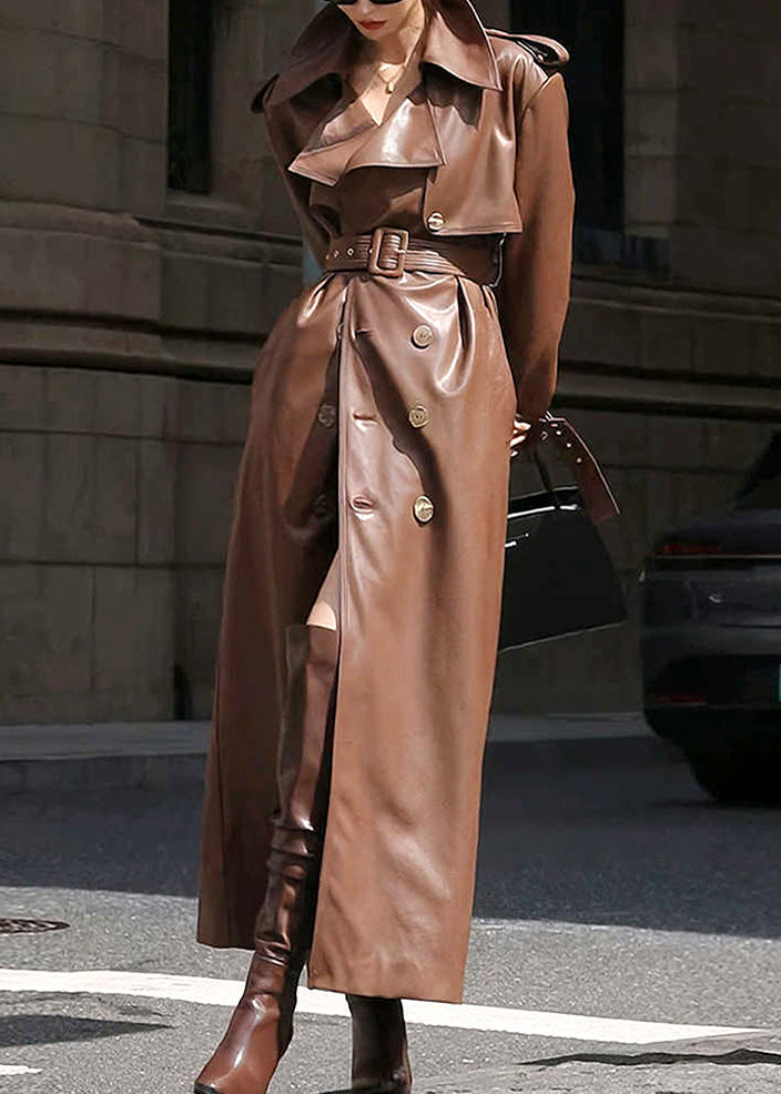 French Coffee Notched Button Faux Leather Long Trench Coat Winter