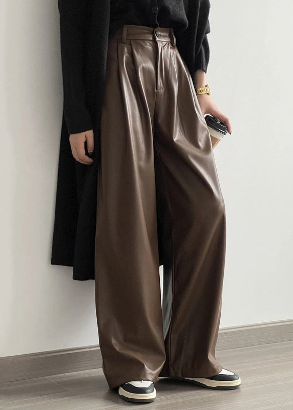 French Coffee Pockets High Waist Faux Leather Wide Leg Pants Spring