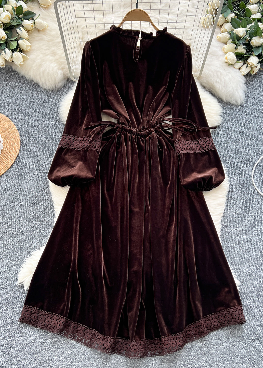 French Coffee Ruffled Drawstring Silk Velvet Long Dress Winter