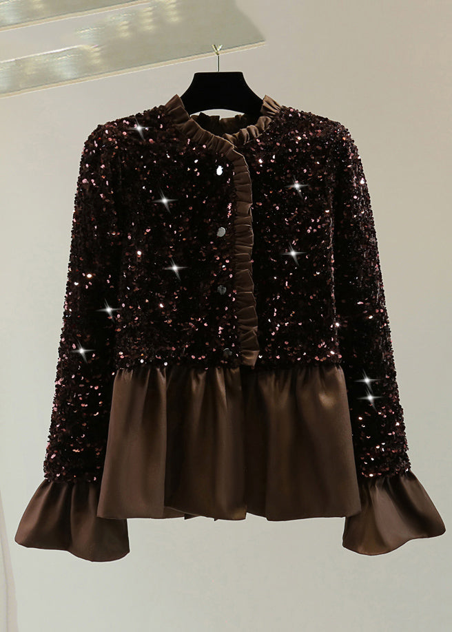 French Coffee Ruffled Patchwork Sequins Silk Velvet Top Winter