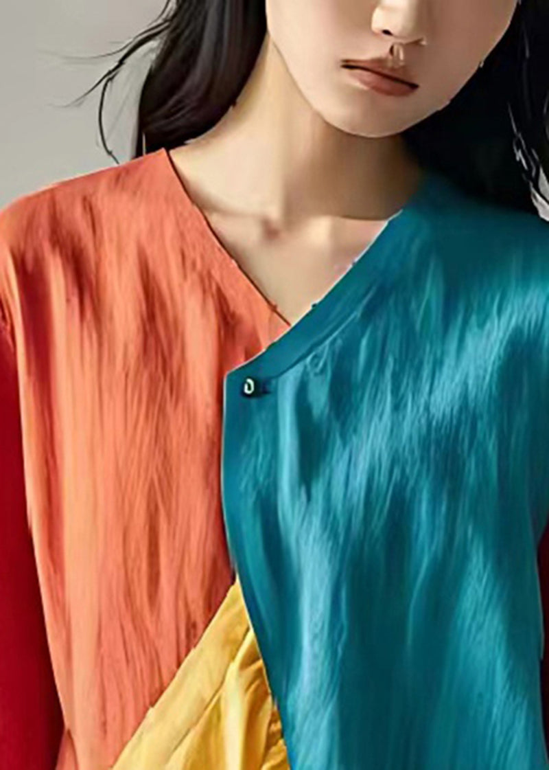 French Colorblock Asymmetrical Patchwork Linen Shirt Top Summer