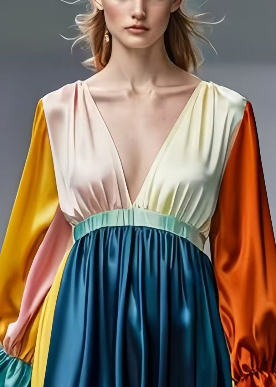 French Colorblock Deep-V Neck Patchwork Draping Silk Dress Spring