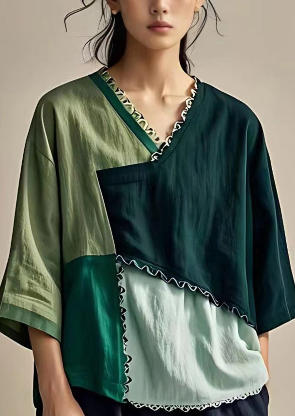 French Colorblock Ruffled Patchwork Linen Tops Half Sleeve