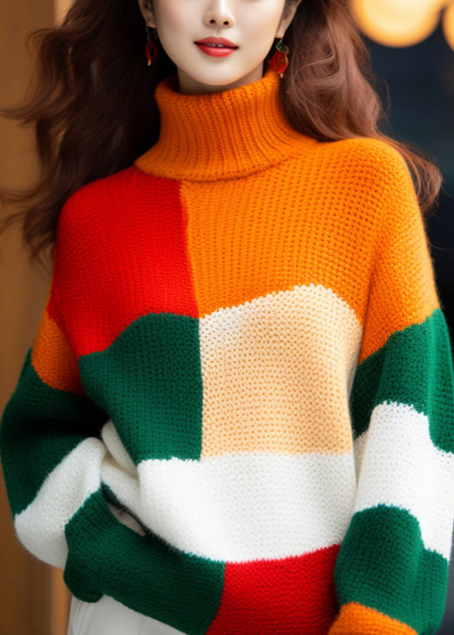 French Colorblock Turtleneck Cozy Knit Sweater Winter