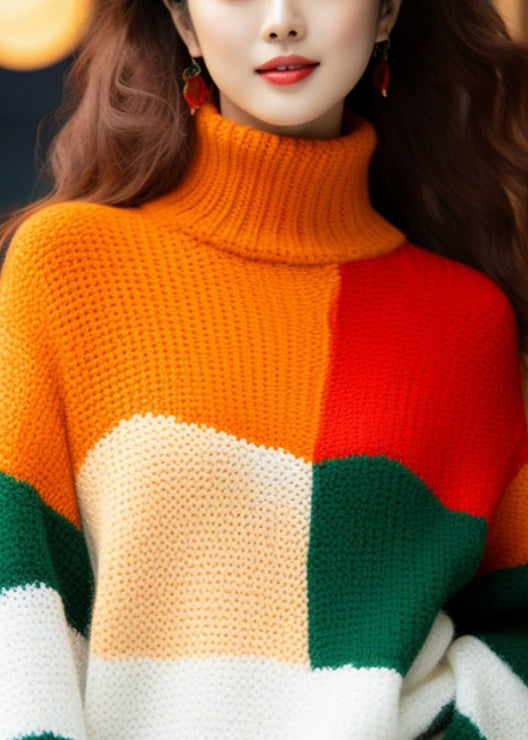 French Colorblock Turtleneck Cozy Knit Sweater Winter