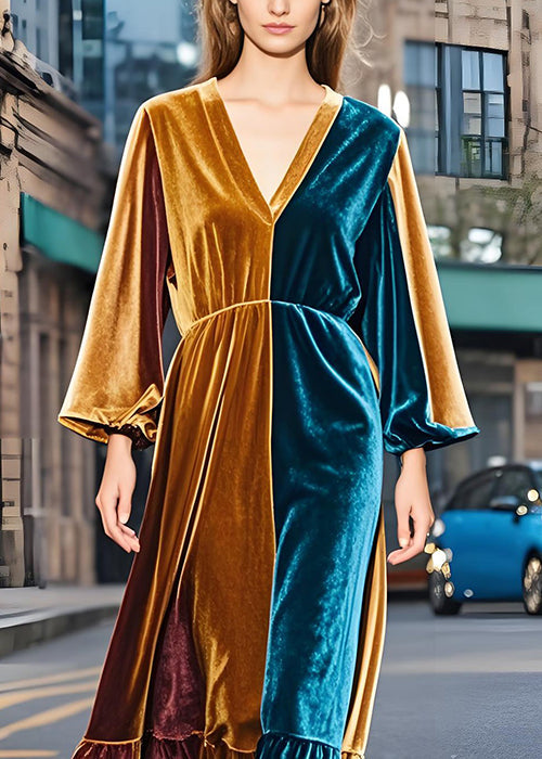 French Colorblock V Neck Patchwork Velvet Long Dress Fall