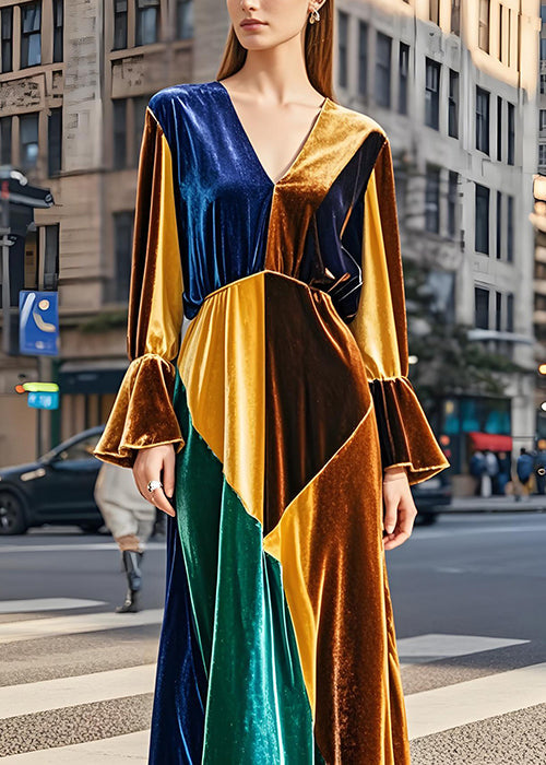 French Colorblock V Neck Patchwork Velvet Long Dresses Flare Sleeve