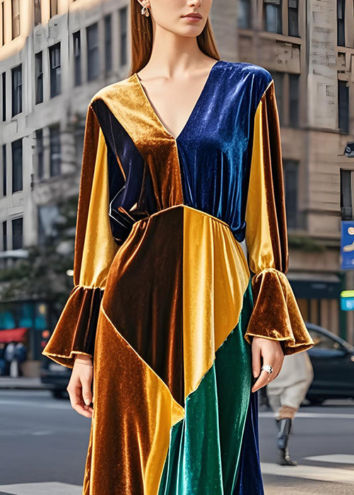 French Colorblock V Neck Patchwork Velvet Long Dresses Flare Sleeve