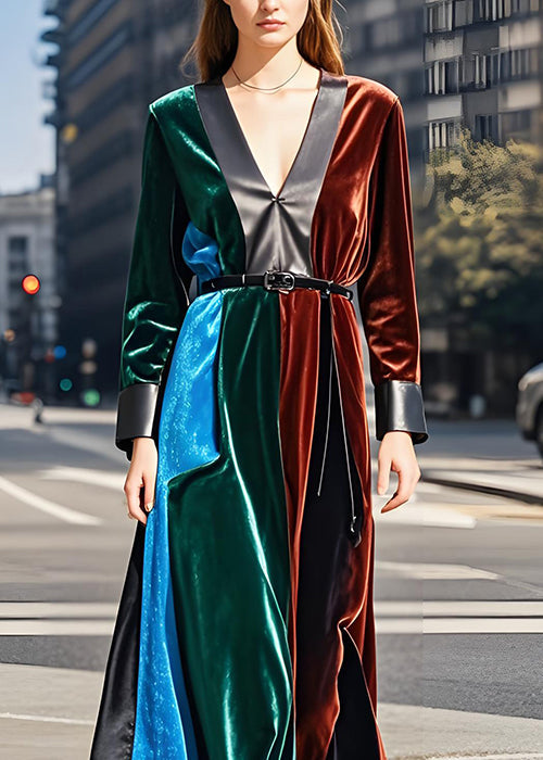 French Colorblock V Neck Sashes Velvet Long Dresses Fall