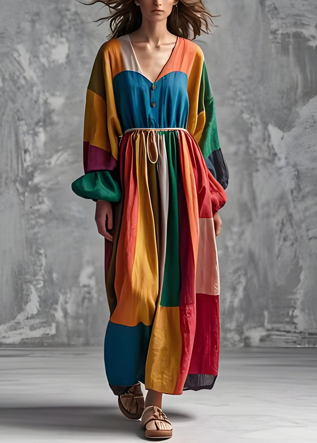 French Colorblock V Neck Wrinkled Cotton Long Dress Lantern Sleeve
