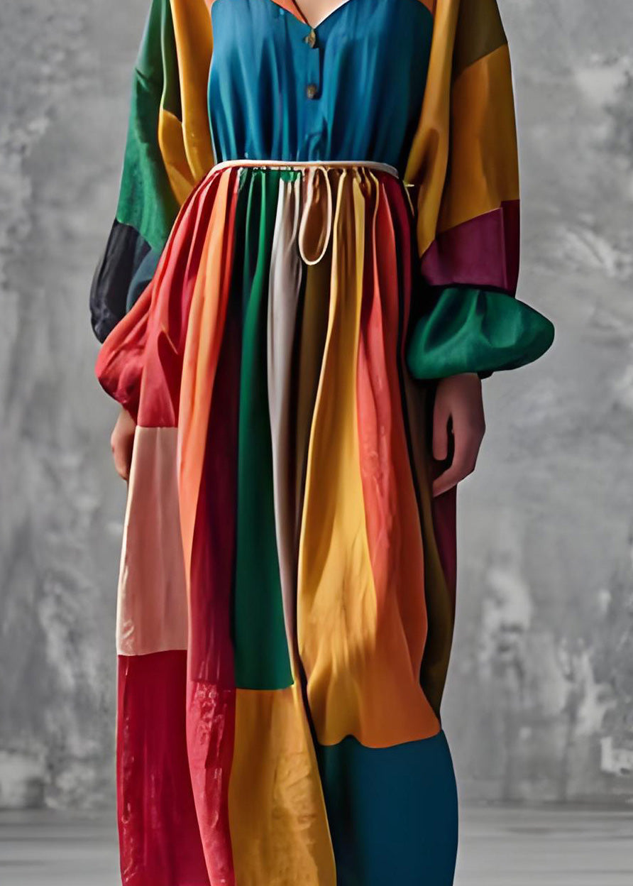 French Colorblock V Neck Wrinkled Cotton Long Dress Lantern Sleeve