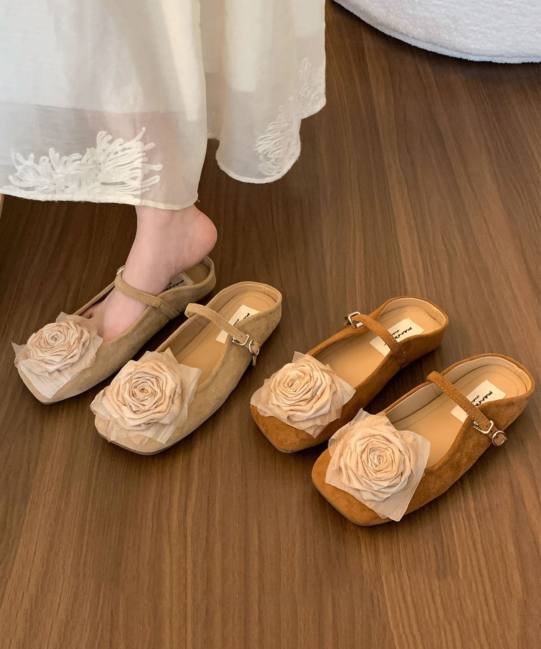 French Comfy Floral Splicing Brown Suede Slide Sandals