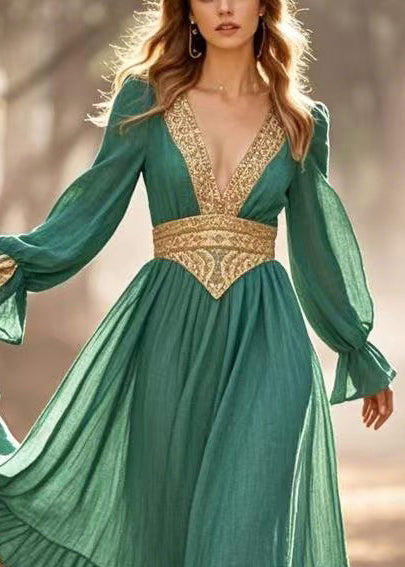 French Dark Green Cinched Patchwork Ruffles Vestidos Dress Spring