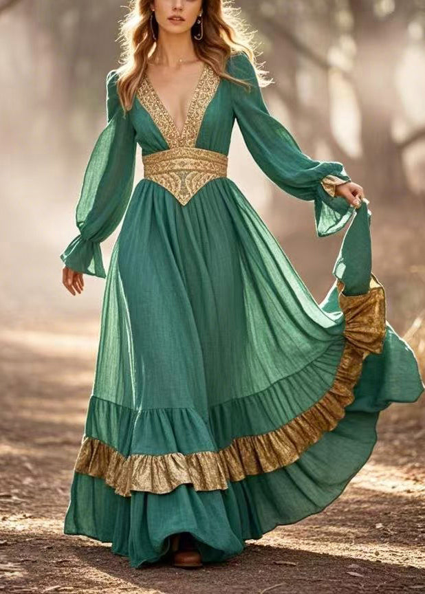 French Dark Green Cinched Patchwork Ruffles Vestidos Dress Spring