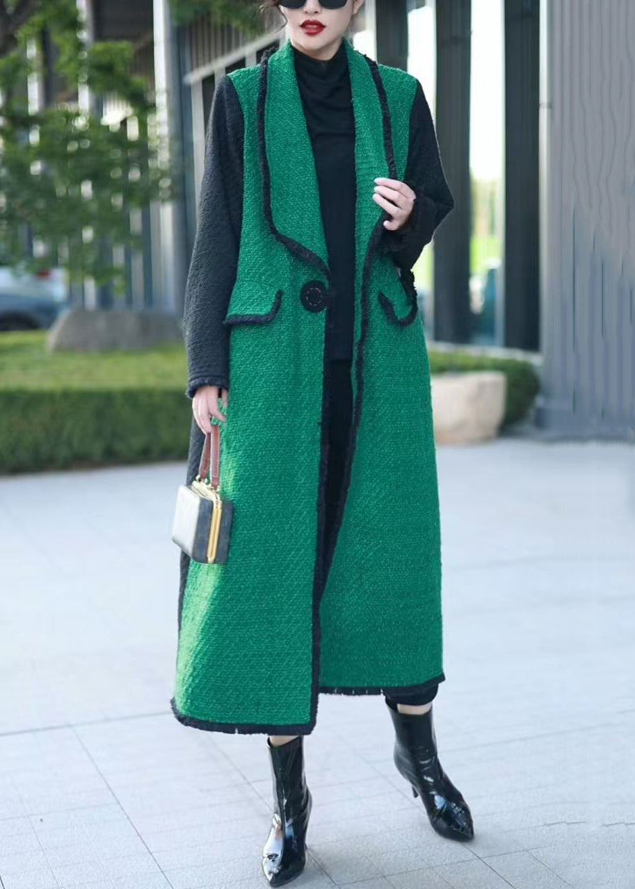 French Green Button Pockets Patchwork Woolen Coats Winter