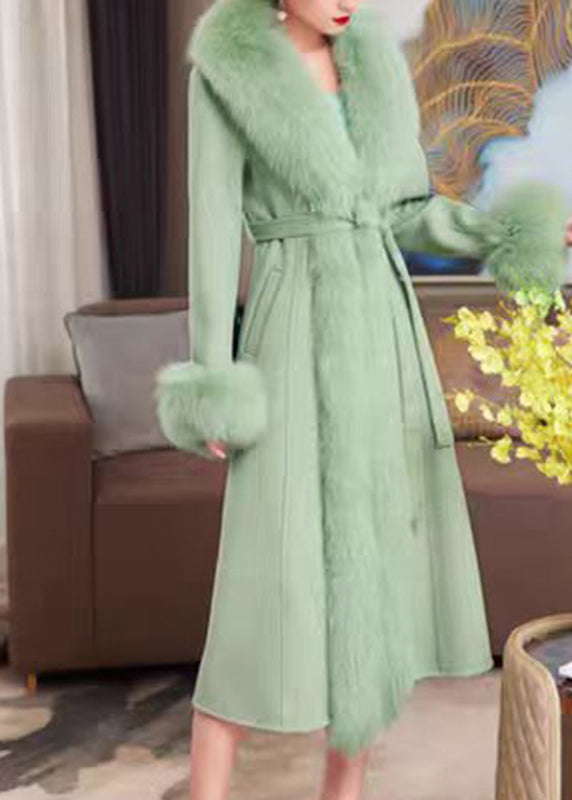 French Green Fox Collar Pockets Patchwork Tie Waist Maxi Woolen Coat Winter