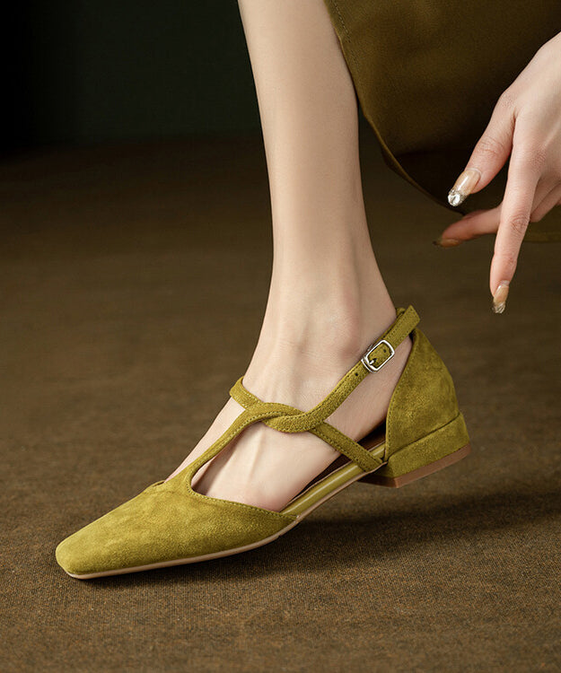 French Green Hollow Out Cross Strap Splicing Suede Sandals