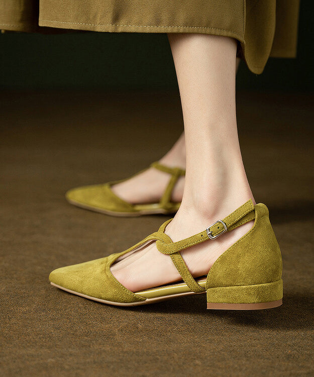 French Green Hollow Out Cross Strap Splicing Suede Sandals