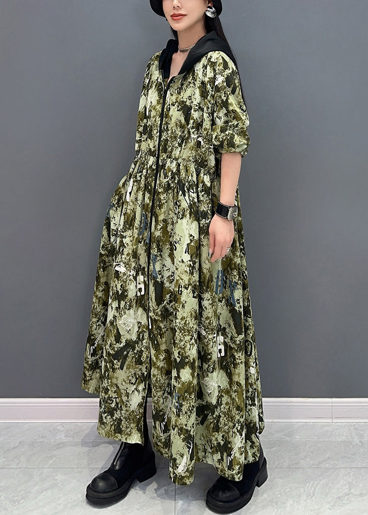 French Green Hooded Print Pockets Cotton Long Dress Summer