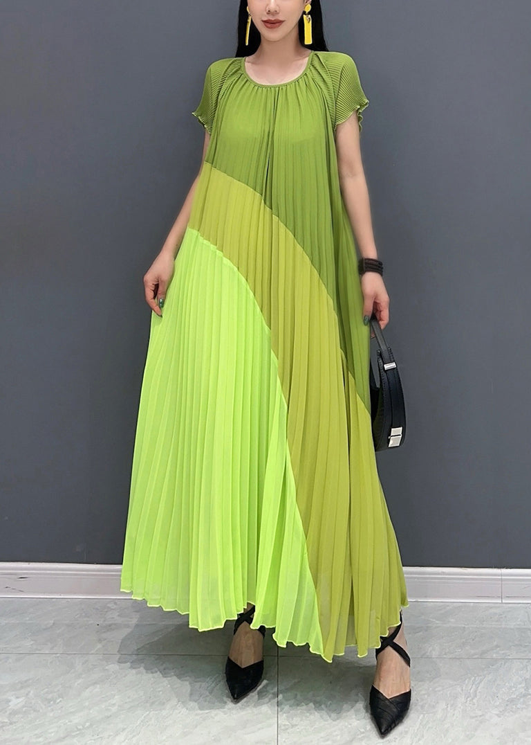 French Green O Neck Print Patchwork Chiffon Dresses Summer