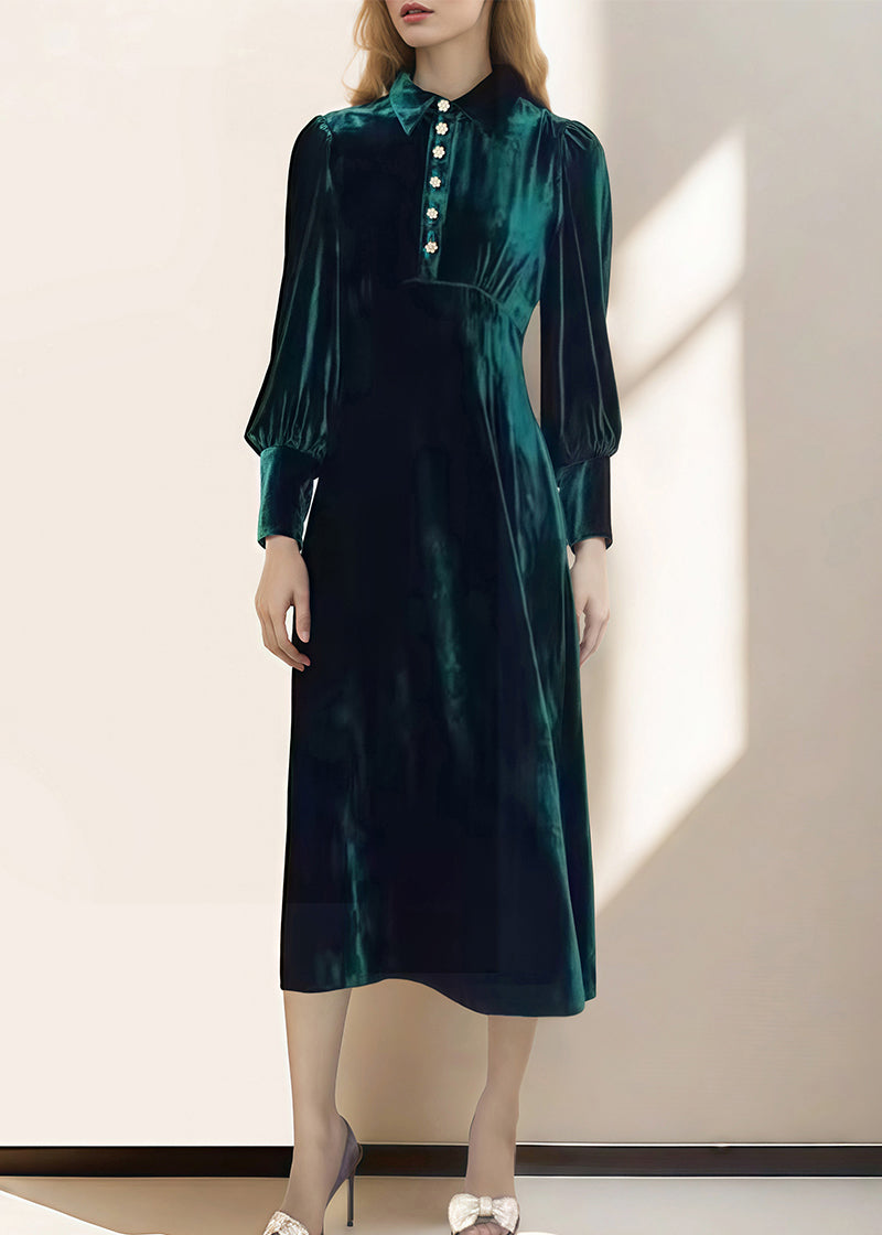 French Green Peter Pan Collar Velvet Dresses Fall