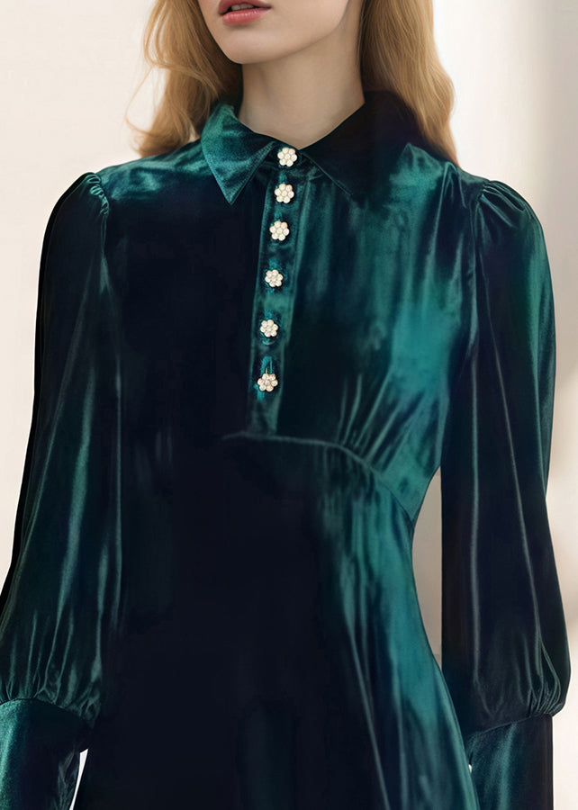 French Green Peter Pan Collar Velvet Dresses Fall