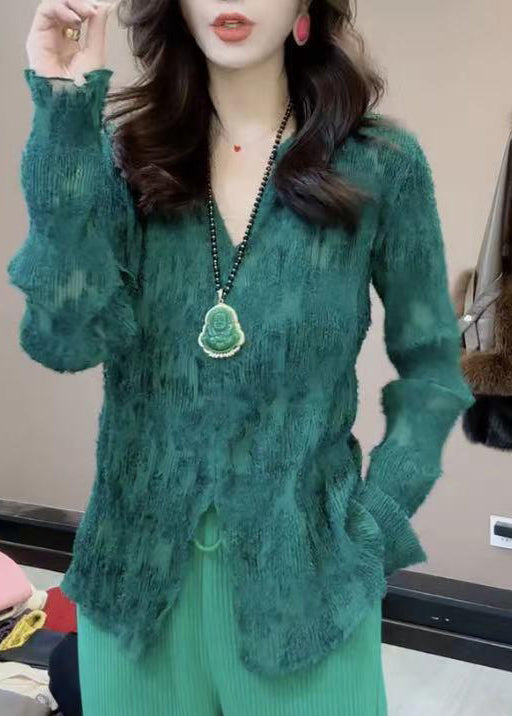 French Green V Neck Jacquard Lace T Shirt Spring