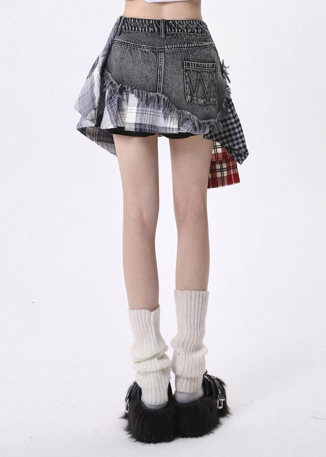 French Grey Asymmetrical Patchwork Denim Short Skirt Summer